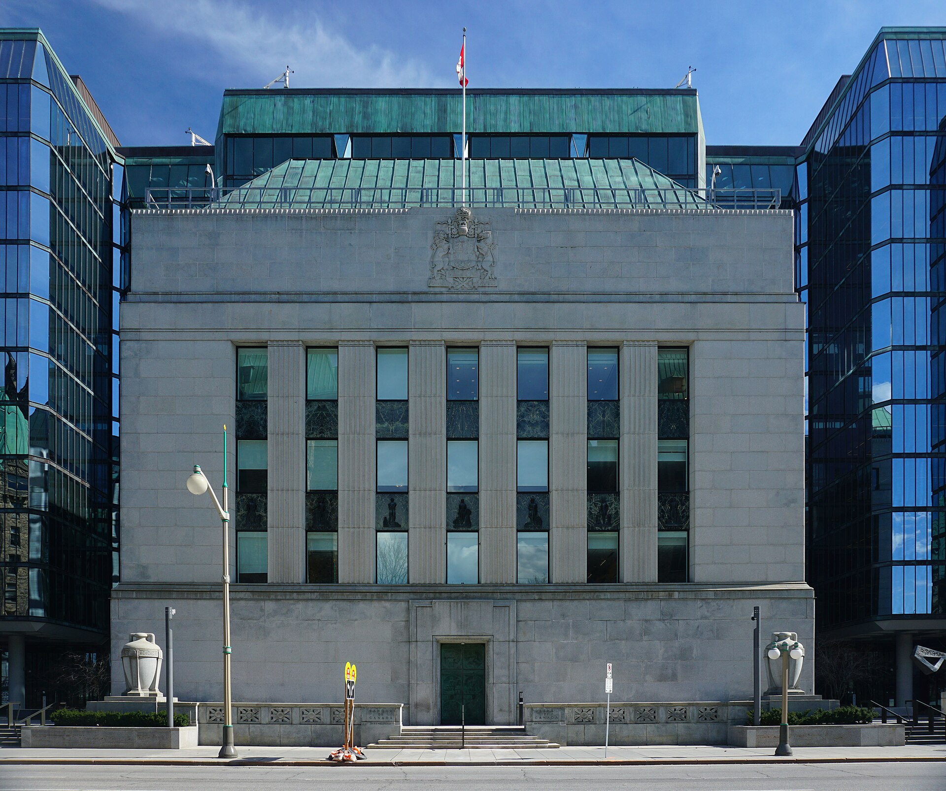 Stone facade of the Bank of Canada building on Wellington Street in Ottawa