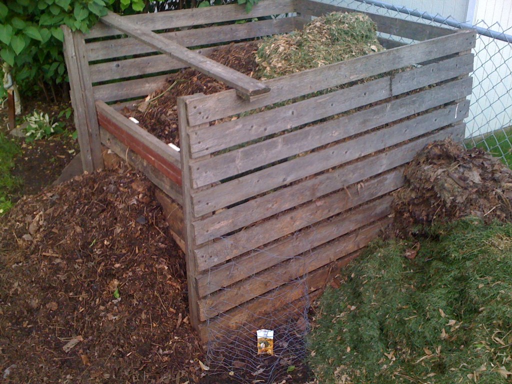 Wooden slatted compost bin filled with garden waste in a backyard