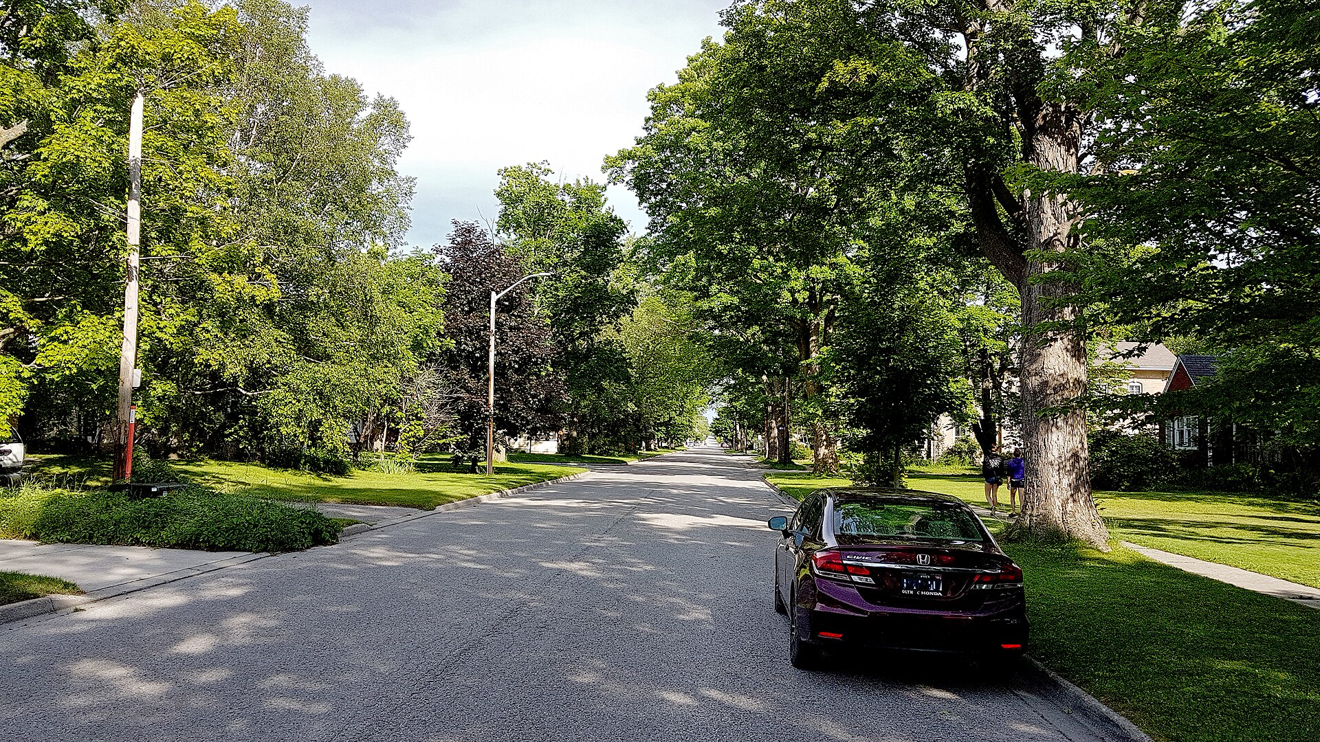 Quiet tree-lined residential street in Port Elgin, Ontario, with a parked car under a full summer canopy