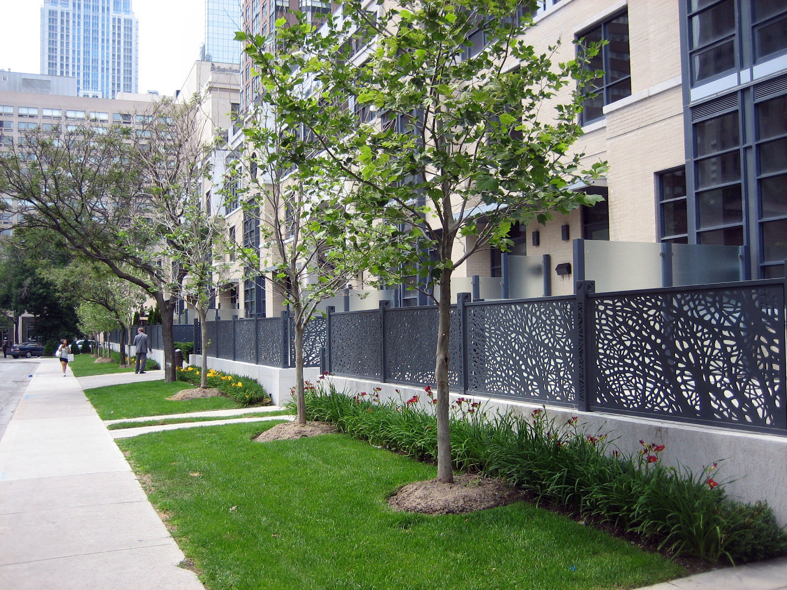 Row of modern infill townhouses with a decorative metal fence and young trees along Granby Street in Toronto